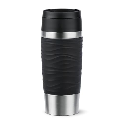 Emsa Travel Mug 360ml Wave Thermobecher, neuer Komfort-Schraubverschluss, Isolierbecher Edelstahl, 4h heiß und 8h kalt, 100% dicht, spülmaschinenfest, 360°-Trinköffnung, schwarz, N20212