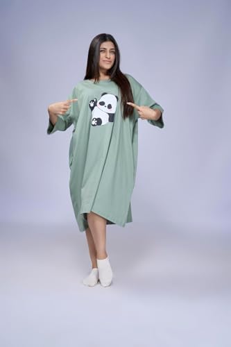 Image of LAMA STORE Women's Printed Oversized T-Shirt Dress, Cotton, 3 /4 Sleeve Length, Casual Loose Fit, Comfort Wear Extra Comfy Oversized Printed Pocket T-Shirt Dress