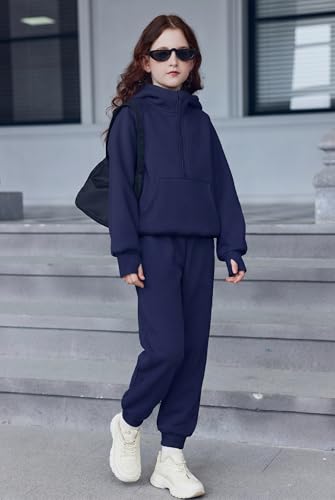 Image of Arshiner Girls 2 Piece Outfits Sweatsuit Half Zip Sweatshirt and Sweatpants | Fall Winter, Drop Shoulder Long Sleeve, Thumbhole Hoodies, with Sweatpant, Jogger Set, Sweat Set, Tracksuits with Pockets