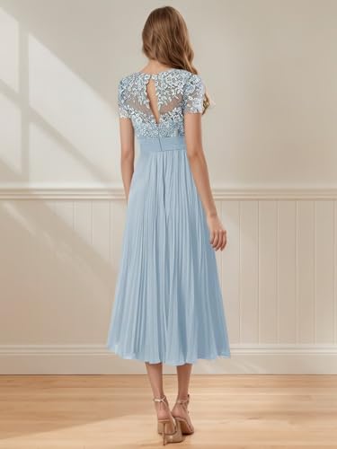 Tea Length Mother of The Bride Dresses for Women Chiffon Lace Formal Evening Dress with Sleeves2