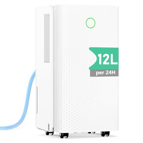 Deshumidificador 12L/Día, Deshumidificadores Electrico con Compresor, 3 Modos, Silencioso y de Bajo Consumo, Depósito 2,2L, Drenaje Continuo, Temporizador 24h, Control Automático de Humedad para Hogar