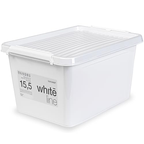 KONZEPT 15,5 L Aufbewahrungsbox mit Deckel und stabilen Clips – Stapelbar, robust & in elegantem Weiß – Ideal für Kleidung, Spielzeug & Lebensmittel