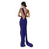 Suillty Vestido largo sexy para mujer, con hombros oblicuos, espalda descubierta, tirantes fruncidos, sin mangas, para fiesta, club, vestido largo ajustado, Azul profundo, M