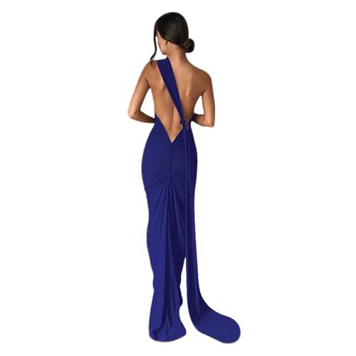 Image of Suillty Women's Sexy Oblique Shoulder Backless Maxi Dress Ruched Back Strap Sleeveless Party Club Long Dresses Bodycon
