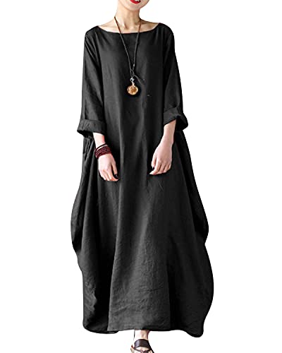 Celmia Autumn Solid Loose Long Maxi Dress Cotton Caftan