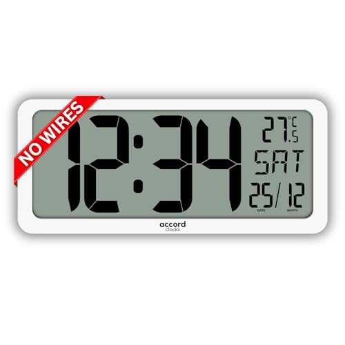 Image of Large Digital Wall Clock 14 Inch - Battery Operated (No Wires), Big Display with Alarms, Day & Date (Indian Format), Room Temperature -Plastic,White