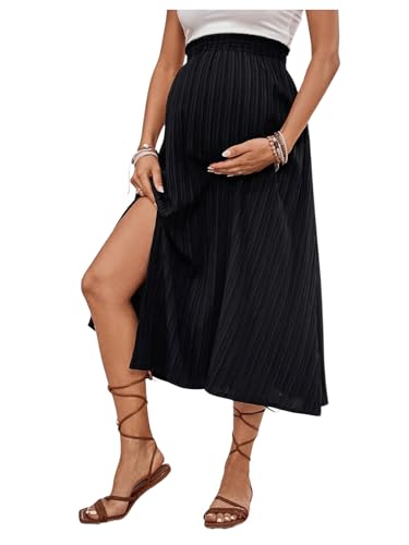 Makemechic Women'S Maternity Skirt Elastic Waist Split Side Pleated Summer Pregnancy Long Skirts Black Medium cover