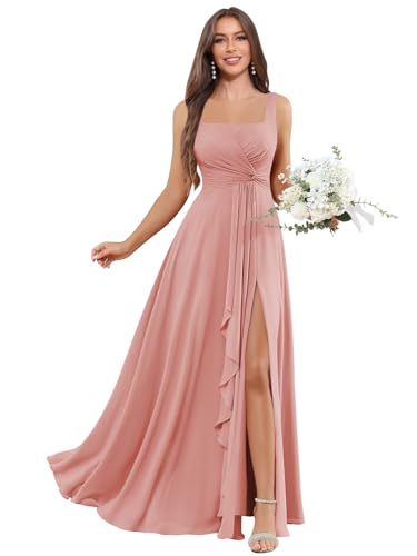 Djqpi Bridesmaid Dresses Long Chiffon A Line Pleated Maxi Formal Evening Paty Dress with Split Dusty Rose Size 8