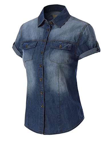 Design by Olivia Women's Cap Sleeve Button Down Denim Chambray Shirt2