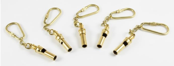Set of 5 Brass Nautical Boy Scout Cadet Referee Sports Whistle Keychain Keyring Clip Loud Safety Whistle for Hiking, Camping