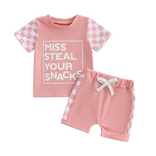 BeQeuewll Toddler Baby Girls Summer Clothes Color Block Letter Short Sleeve Shirt Drawstring Shorts 2Pcs Girls Outfits Sets (Steal Snacks-Pink, 2-3T)