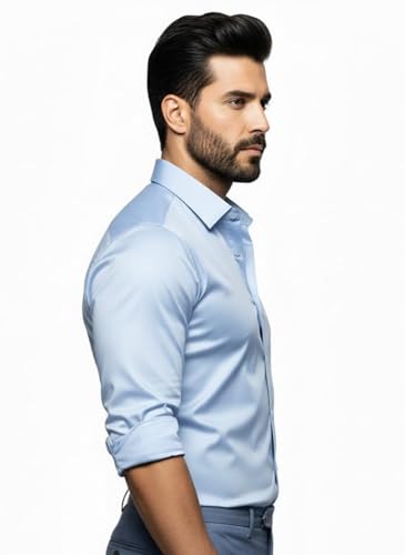 Image of Amazon brand - INKAST Men's Stylish Solid Satin Casual Regular Fit Shirt for Men Full Sleeves| Poly Satin Silk Shirt Sky Blue