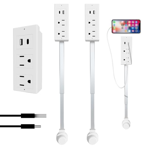 Enchufe Extensible, con USB-A, USB-C y 2 Tomas de CA, Se Extiende de 45 a 70 cm y Gira 180°, Certificación ETL/UL, para Sofá, Mesita de Noche y Escritorio