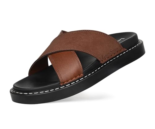 Image of LOUIS STITCH Tan Comfortable Men's Sandals | Lightweight Casual Cross Strap Slip-On Sandals| Everyday Wear Sandals with PU Cushion Sole | LSOF-22-TN