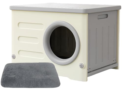 lalairodori 猫ハウス 外猫ハウス ペットハウス 屋外用 猫小屋 犬小屋 屋外 防水 冬 座布団付き 通気性 防寒 雨よけ 小型犬 野外猫 組立簡単 屋内 防風 防雨 換気 (グレー丸穴)