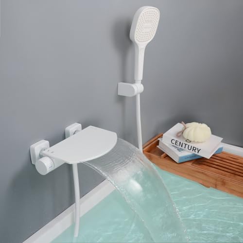 SHANFO Robinet de Baignoire avec Douchette, Mitigeur Baignoire Cascade, Mitigeur Bain Douche Mural, Laiton, Blanc, 16Y6OK
