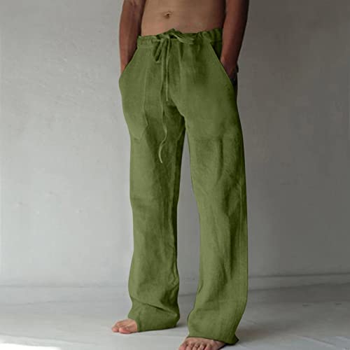 Men's Cotton And Linen Drawstring Closure Pants Straight Plain Full Length Pants Breathable Beach Casual Trousers #TOP1