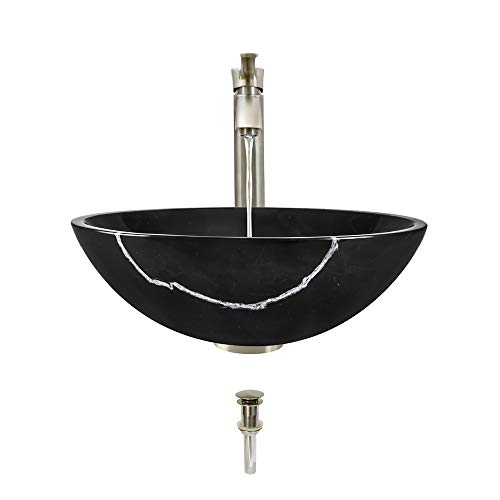 MR Direct 851-726-BN Black Stone Vessel Sink Marble with Faucet and Pop-Up Drain in Brushed Nickel, 726