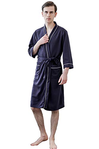 Mens Soft Linen Robe Lightweight Knit Nightgown Long-Sleeve Bathrobes