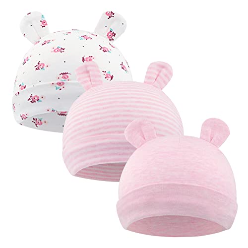 Image of FUOITA 3 Pieces Infant Baby Bear Ears Hat Unisex Newborn Beanie Cotton Cap for 0-6 Months Pink Rose