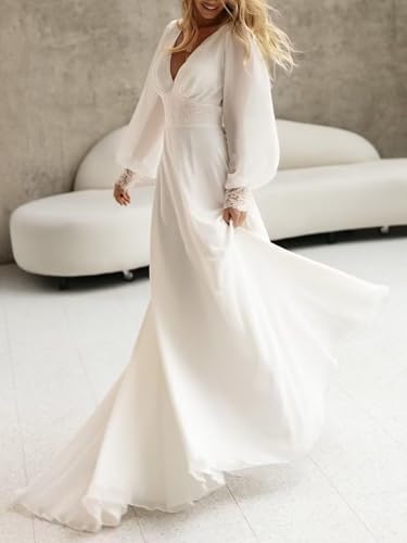 TIANMEI Wedding Dresses for Bride Long Sleeves Chiffon Beach Wedding Dresses for Women Bride4