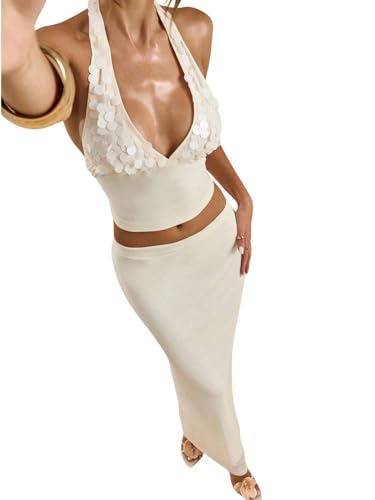 Verdusa Womens 2 Piece Sequin Set Tie Backless Crop Halter Tops with Maxi Skirt Brunch Outfits Apricot Medium