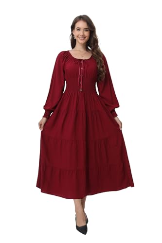 OSTOO Women's 2025 Casual Long Sleeve Square Neck Smocked High Waist Flowy Maxi Dress,Boho Tiered Beach Party Dress3