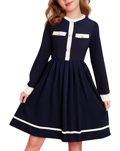 Girls Long Sleeve Fall Winter Dress, Button Knit A Line Casual Princess Dresses Holiday Clothes for Girl 8-12Y