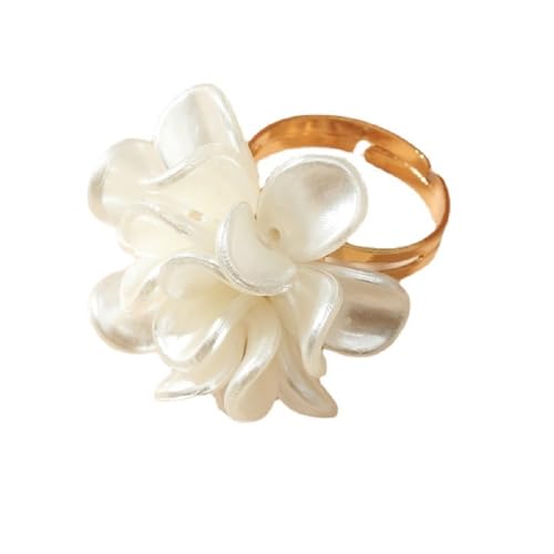 DATOA Adjustable White Pearl Flower Statement Ring Camellia Rose Flowers Adjustable Open Bands Wedding Promise Finger Rings Fashion Exaggerated Comfort Fit Jewelry Gifts for Women