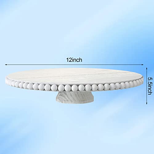 Beaded Tabletop Cake Stand 12 Inch Decorative Wood Cake Stand White Farmhouse Dessert Cake Pedestal Wood Round Dessert Stands Cakes Holder Dessert Display Plate Serving Tray For Table Wedding Display #TOP6