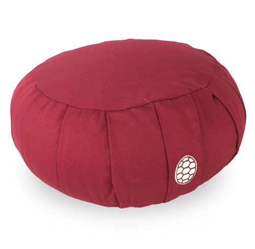 TORTUGA MEDITATION & YOGA - Cojín Meditación Yoga - Zafu Relleno de Trigo sarraceno sostenible - Color Granate - Modelo LAUD - Diseño Circular -Altura 15cm- Funda algodón 100% Natural fácil Lavado