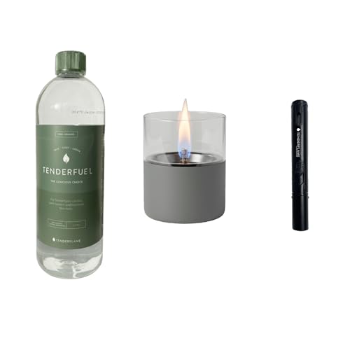 Tenderflame Lilly 10 Tischfeuer Bundle - Dunkelgrau - Inkl. 1L Tenderfuel Organic + Pen Torch Anzünder - Bioethanol-Alternative - rauchfrei