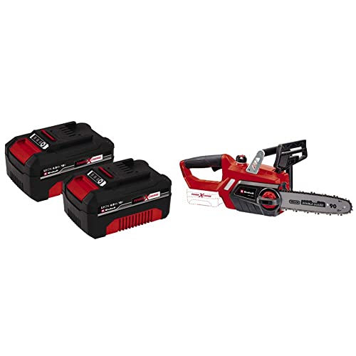 Einhell 4501761 GE-LC 18/25 Li Power X-Change 18V Cordless Chainsaw | 10 Inch (25cm) Oregon Bar and Blade Chain, Black, Red & Power X-Change 18V, 4.0Ah Lithium-Ion Battery Twin Pack 2 x 4,0Ah