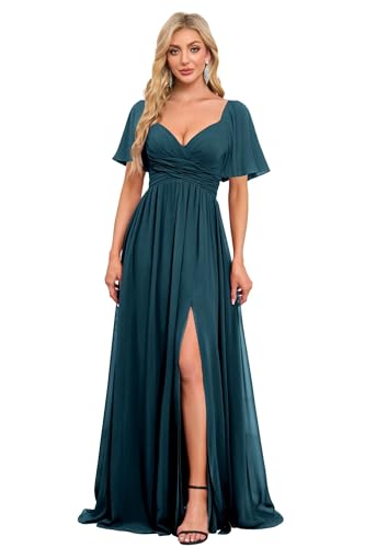 Image of Women's Flutter Sleeves Chiffon Bridesmaid Dresses with Slit Long A Line V-Neck Formal Party Dress with Pockets