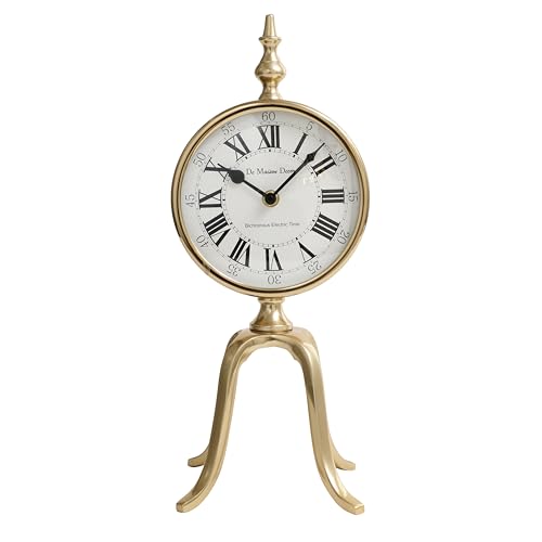 Image of Decor de Maison Handcrafted Marbellic Analog Table Clock for Kids Room, Bedroom, Study Table, Office Desk, Classic Non-Ticking Tabletop Battery Operated Desk Clock, Gold, Quad Stand