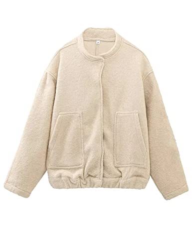 Lumister Women's Wool Blend Streetwear Bomber Jacket Button Closure Stand-Collar Shacket Oversized Varsity Jacket