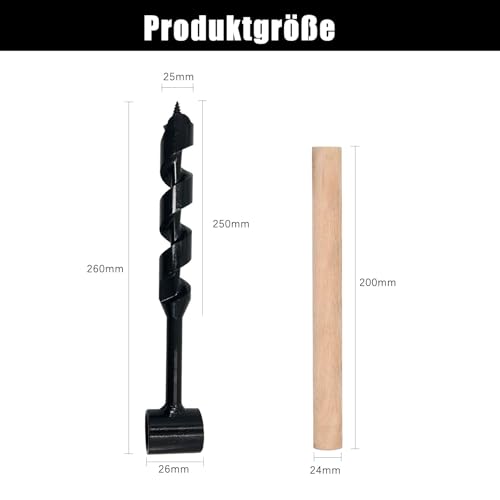 VZU 25x260mm Erdbohrer Hand, Handbohrer Holz, Bushcraft Bohrer, Bushcraft Handbohrer, Multifunktionaler Holzbohrer Manuell Bushcraft, für Outdoor Survival und Campingarbeiten, Schwarz