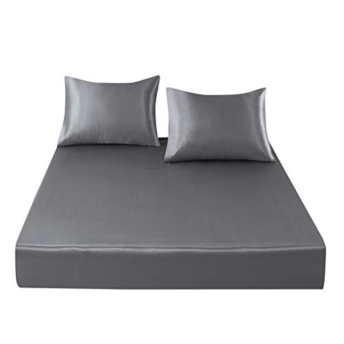Wolhuy Silky Bed Sheet, 16''Extra Deep Fitted Sheets Double Bed, Breathable and Silky, Non-Iron Good for Hair and Skin(Sliver,King)