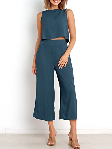 Image of ANRABESS Women's Summer 2 Piece Outfits Sleeveless Tank Crop Button Back Top Cropped Wide Leg Pants Set Pockets