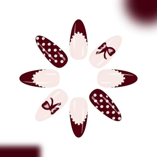Image of Red Press on Nails Polka Dot Fake Nails Medium Almond False Nail with Bow Design French Tip Glue on Nails Glossy Full Cover Artificial Acrylic Stick on Nail for Women Manicure 24Pcs