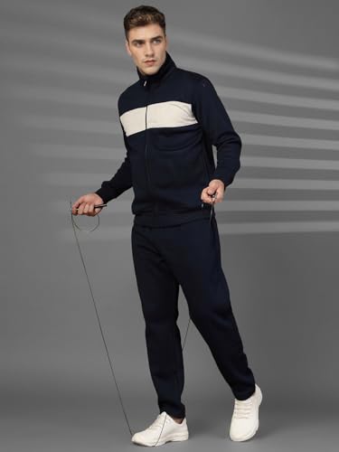 Image of CHKOKKO Mens High Neck Winter Tracksuit Full Zip Jacket with Elastic Waist Lower Warm and Soft Activewear Set for Gym Running and Casual Use NavyEcru L