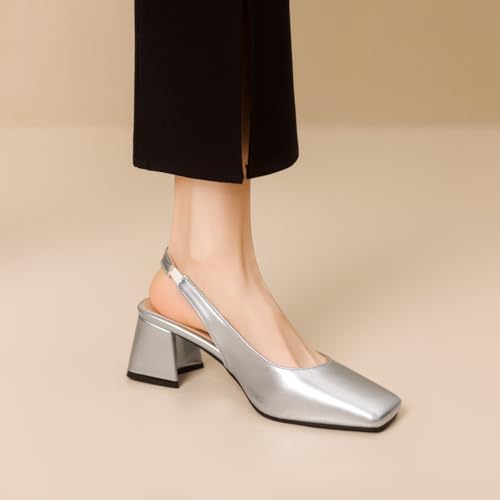 Women's Slingback Block Low Heels Pumps Closed Square Toe Slip On Chunky Heel Work Party Wedding Office Dress Shoes Comfortable Elegant4