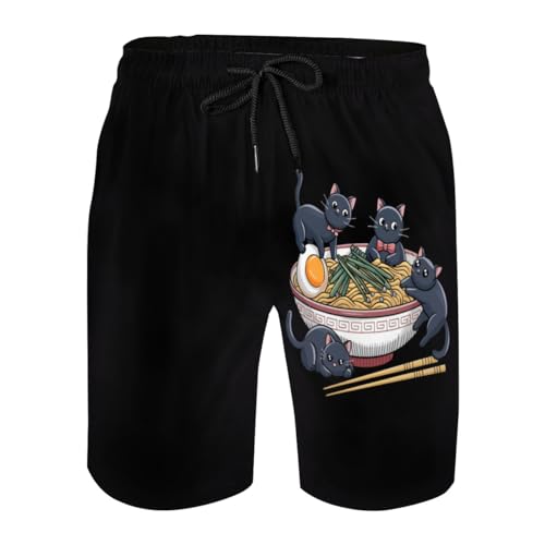 Japanese Ramen Noodles Cat Lover Mens Swim Trunks Boys Quick Dry Board Shorts with Mesh Lining