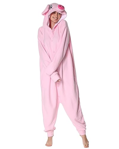 Focupaja Onesie Adulte Pyjama Cosplay Cochon Mignon Costume d'animal Vêtements de Nuit Combinaison d'halloween Rose XL