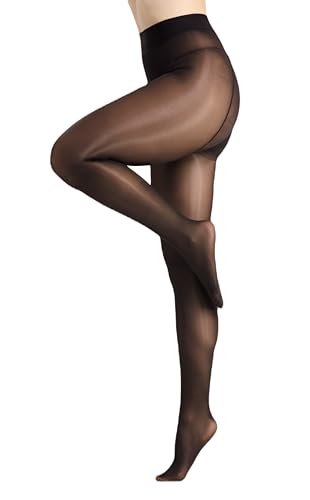 CozyWow Damen Sexy Ölige Glänzende Strumpfhose 15D Seidenglatt Feinstrumpfhose Reißfest Transparent mit Hohe Taille Schwarz XL-XXL