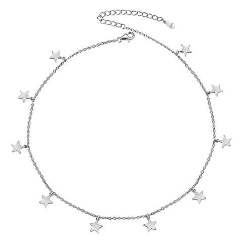 Charm Stars Choker Necklace for Women 925 Sterling Silver Collar Neck Jewelry 33cm+5cm Extended Chain Cover