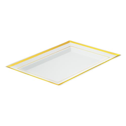 Restaurantware Rectangular Serving Plates 100 Count 7.5 x 5.25 Inch Gold-Rimmed Plastic White Disposable Buffet Plates Greaseproof Elegant Dinner Plates Warm and Cold Food Friendly