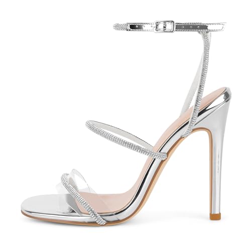 Image of richealnini Rhinestone Stiletto Heels Sandals for Women Crystal Straps Buckle Up Party Dress