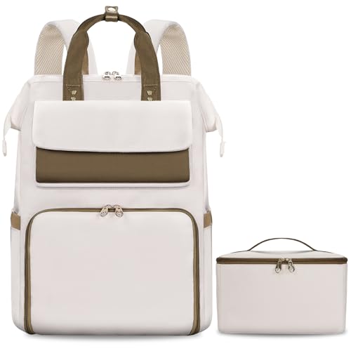 Image of BERTASCHE Lunch Backpack for Women, 15.6 Inch Laptop Backpack with Insulated Cooler Lunch box, Nurse Backpack for Teacher Work Travel College Picnic, Beige