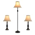 Smeike Lamp Set of 3 (2 Table Lamps, 1 Floor Lamp), 3 Piece Floor and Table Lamp Set, Living Room Bedroom Lamps in Black Finish with Vintage Brown Fabric Lamp Shades for Bedside Nightstand Home Office